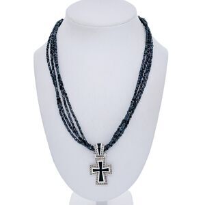Estate Sterling Silver 925 4 Strand Black Onyx Marcasite Cross Necklace 16"-19"